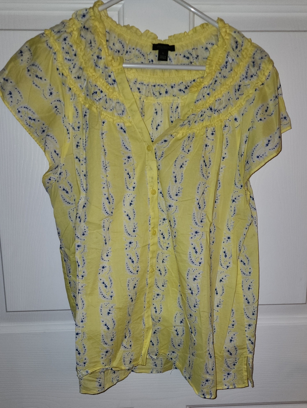 Ann Taylor Factory Yellow Ruffle-Neck Printed Blouse XL